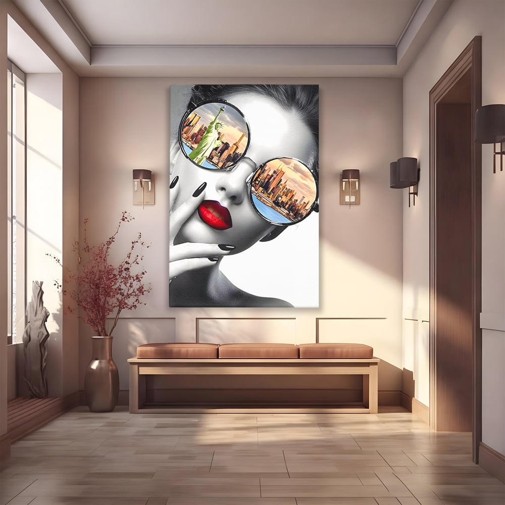 Tablou canvas cu tablou canvas cu portret femeie ochelari, fara rama, pe sasiu de lemn